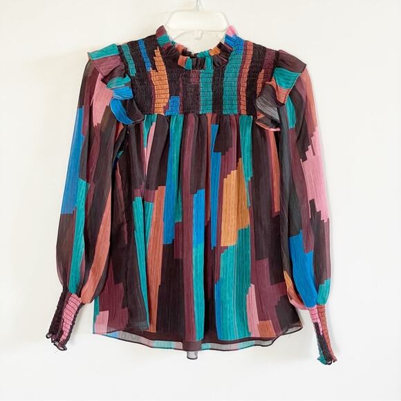 Willa Story Multi Color Ruffle Smocked Cates Blouse - Picture 2 of 7